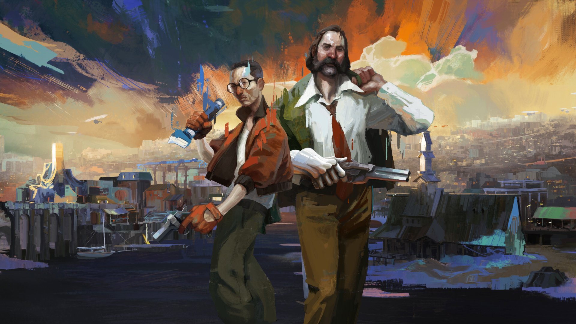 Official artwork for Disco Elysium. A heavily stylized drawing of two men, one of them wearing glasses and a puffy jacket, holding a gun and a flashlight. The other has mutton chops and long hair and is wearing a formal shirt with a tie and holding a green jacket in one hand and a gun in the other. In the background, a very dense city and the twilight sky.