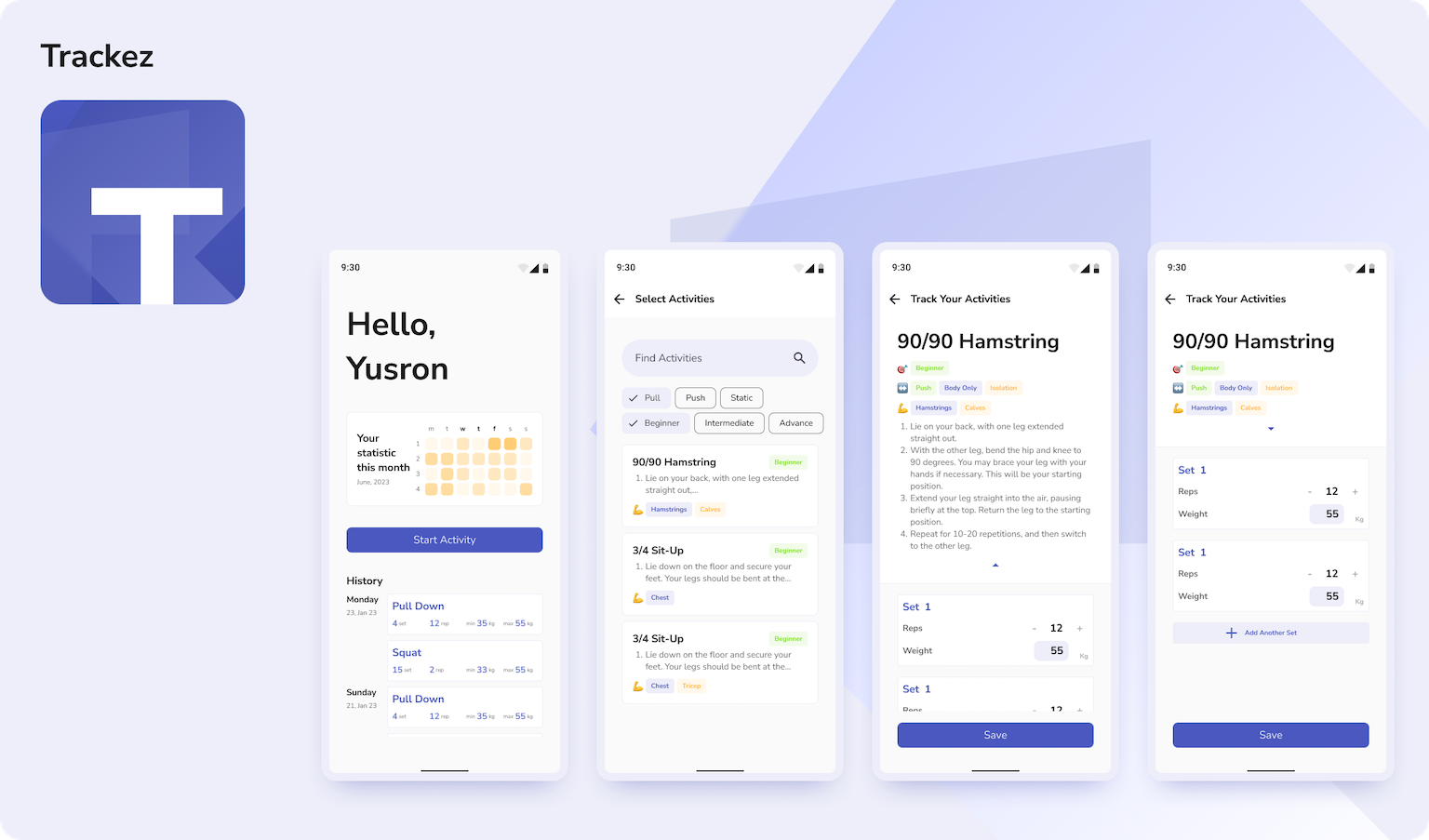 A screenshot of Trackez app.